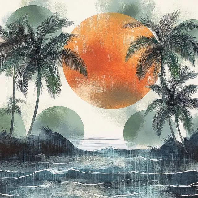 Watercolor tropical palm trees around glowing sun, seamless summer jungle pattern backdrop