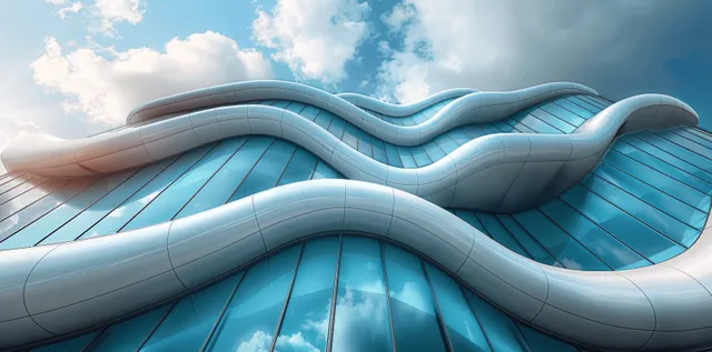 A futuristic curved-glass skyscraper with wavy facade reflects the blue sky behind it.