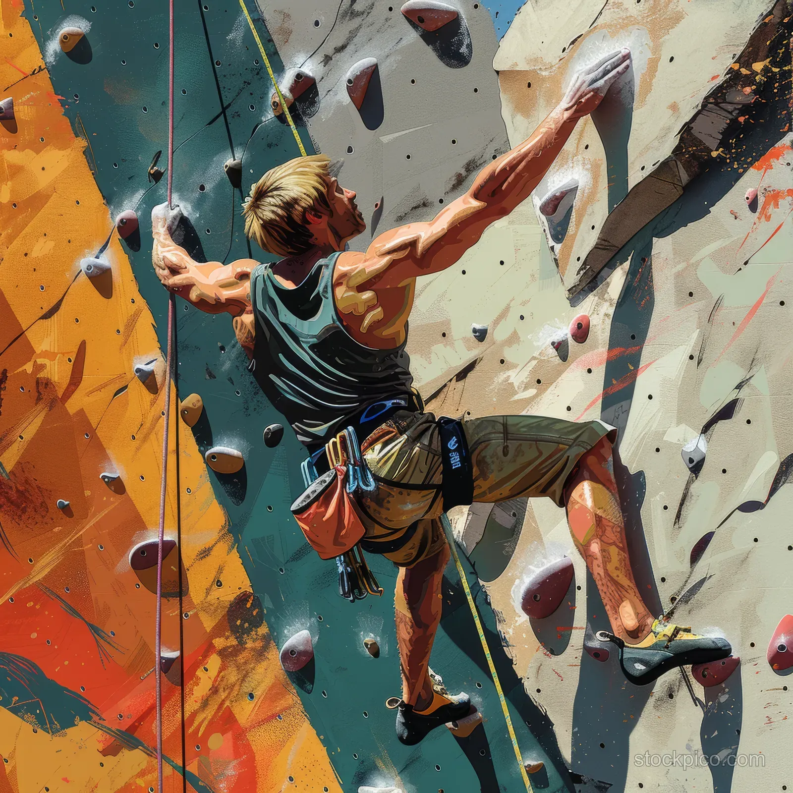 A USA sport climber ascends a steep rock face, gripping bright holds on a textured wall.