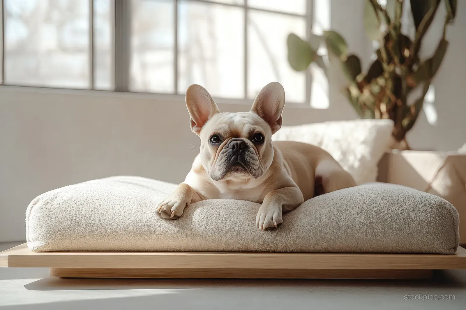 A light brown French bulldog rests on a soft cushion in a bright room with a large window and natural light.