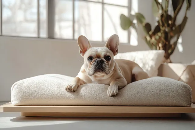 A light brown French bulldog rests on a soft cushion in a bright room with a large window and natural light.