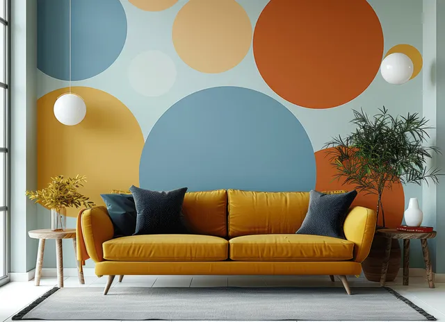Yellow retro loveseat in a modern living room with wooden side tables, pillows, and a pastel circle mural wall behind it.