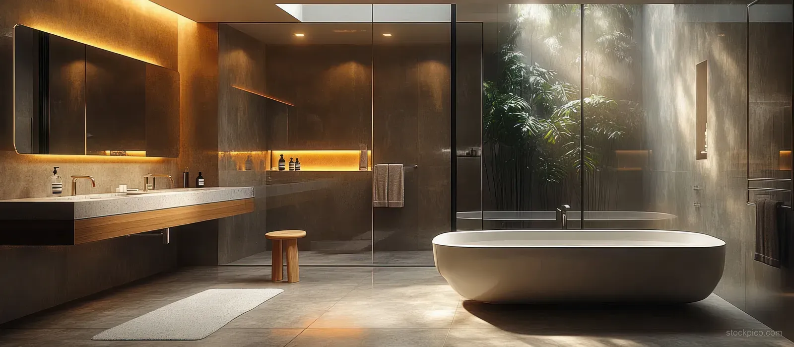 Spa-like bathroom interior showing a freestanding bathtub, glass shower, warm lights, and indoor plants.
