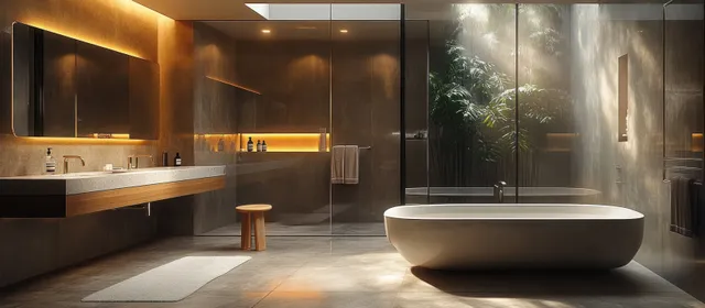Spa-like bathroom interior showing a freestanding bathtub, glass shower, warm lights, and indoor plants.