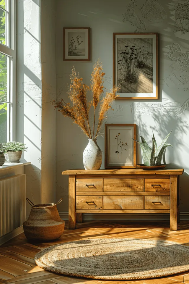 Sunlit minimalist living room showing a wooden sideboard, vase with dried branches, and framed poster mockups on the wall.