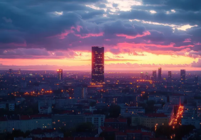 Wroclaw skyline at dusk with illuminated tower and dramatic pink cloud layers