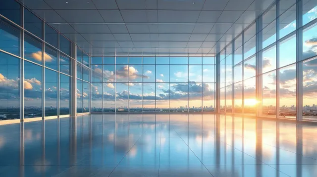 Spacious empty office hall with floor-to-ceiling windows, city skyline sunset reflections on polished floor