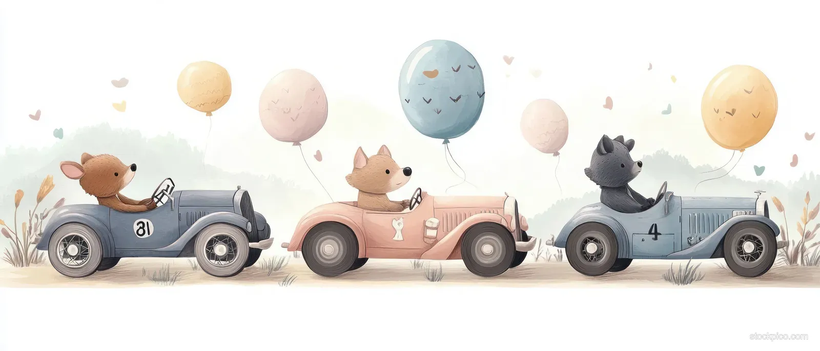 Pastel watercolor animal drivers race vintage cars with balloons and flags in a sunny whimsical setting.