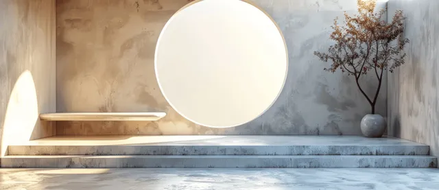Minimal interior shelf with circular lamp glow and soft grey wall texture background