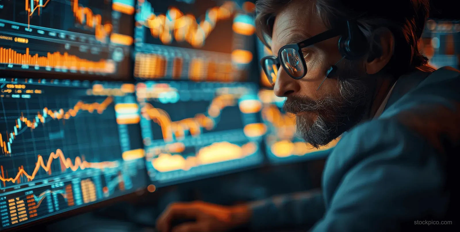 A trader studies glowing candlestick stock charts on multiple monitors in a dim office.