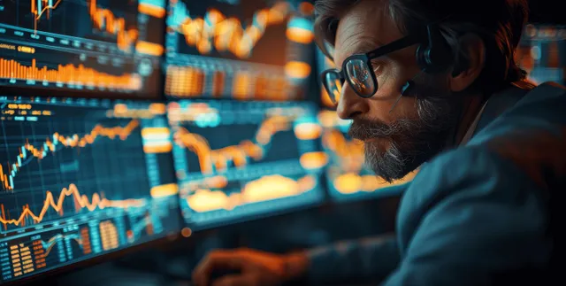 A trader studies glowing candlestick stock charts on multiple monitors in a dim office.