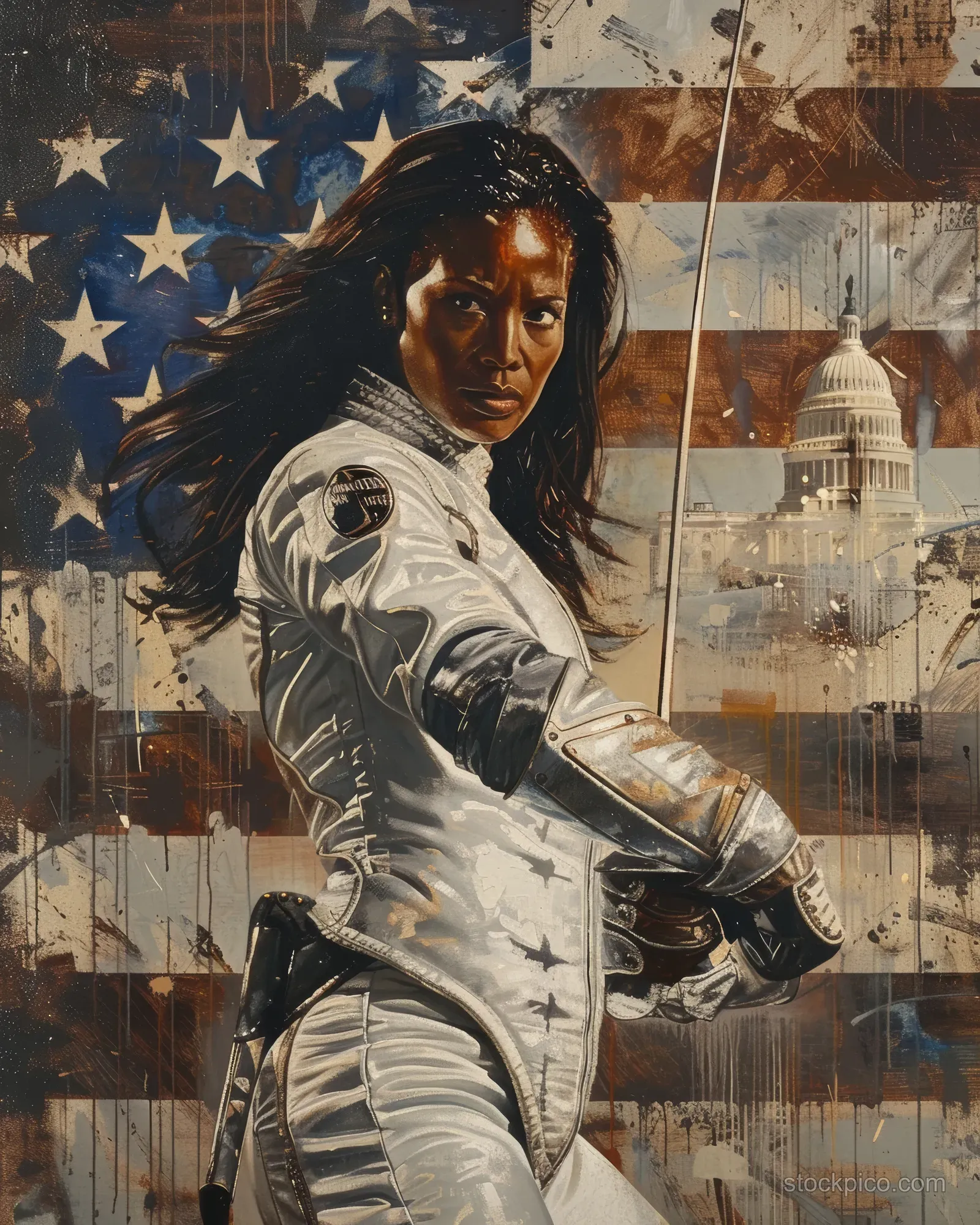A female sabre fencer lunges forward against layered American flag and Capitol-inspired background.
