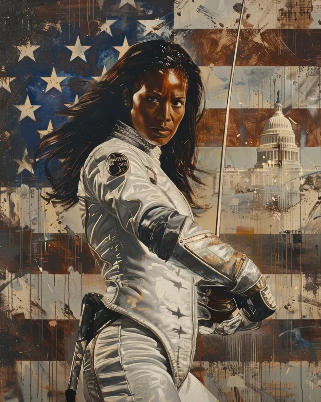 Female sabre fencer in patriotic arena, lunging forward with glowing stars and flag colors behind