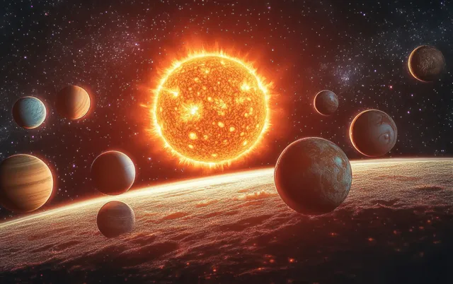 A bright sun in the center with planets spiraling around it over a dusty planet surface in space.