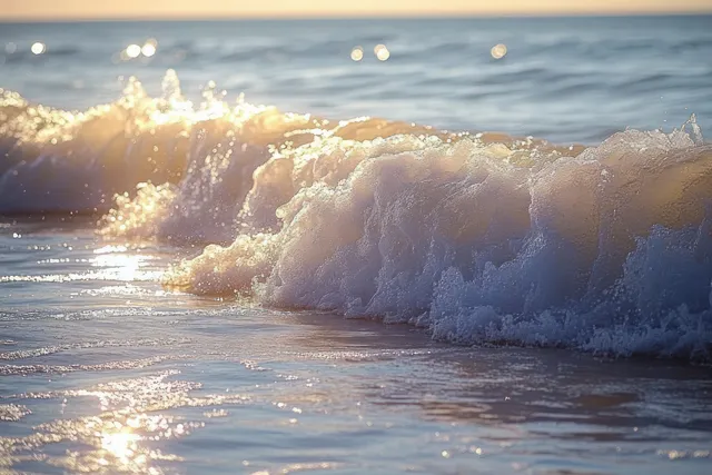 Golden sunlight reflects on small waves and foam as they break across wet sand at the beach.