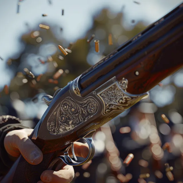 Shotgun fires at clay targets as sportsman grips ornate firearm at shooting range