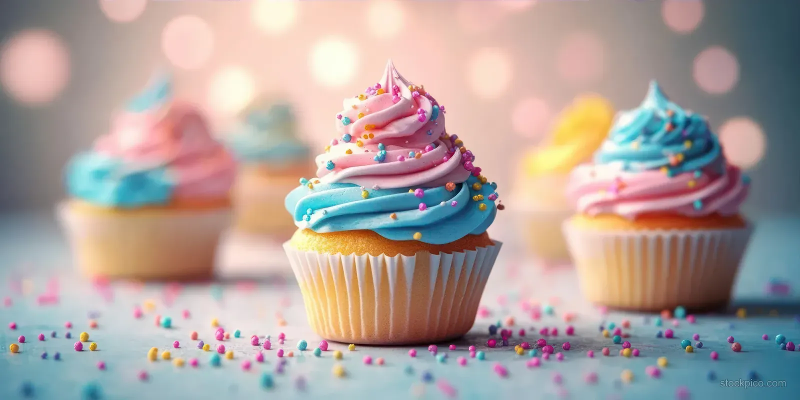 Three cupcakes with pink and blue swirled frosting and multicolored sprinkles on a light surface with blurred lights behind them.