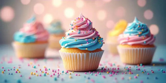 Colorful cupcakes with pink and blue swirled frosting, sprinkles on light surface