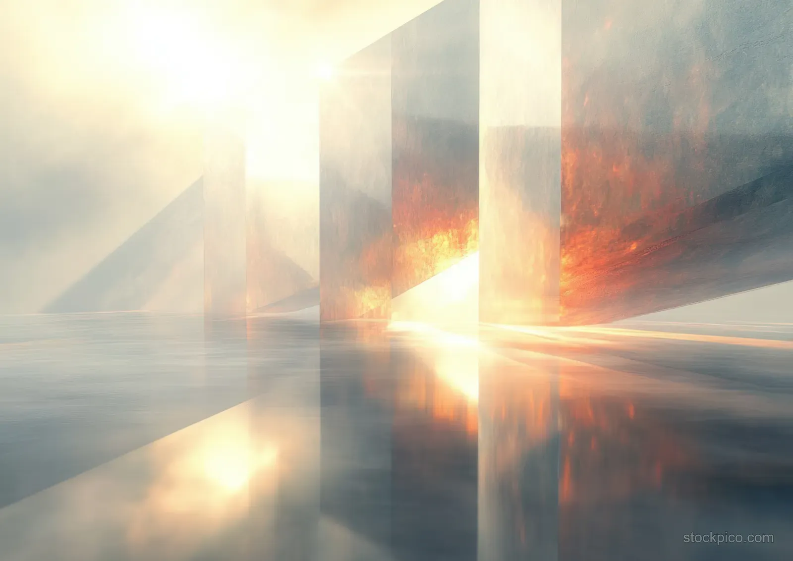 Sunbeam prism light splits into soft rainbow bands over misty pastel haze and a reflective surface.