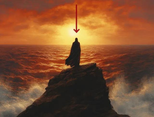 Silhouette person standing on rocky cliff, facing stormy ocean beneath fiery orange sunset.