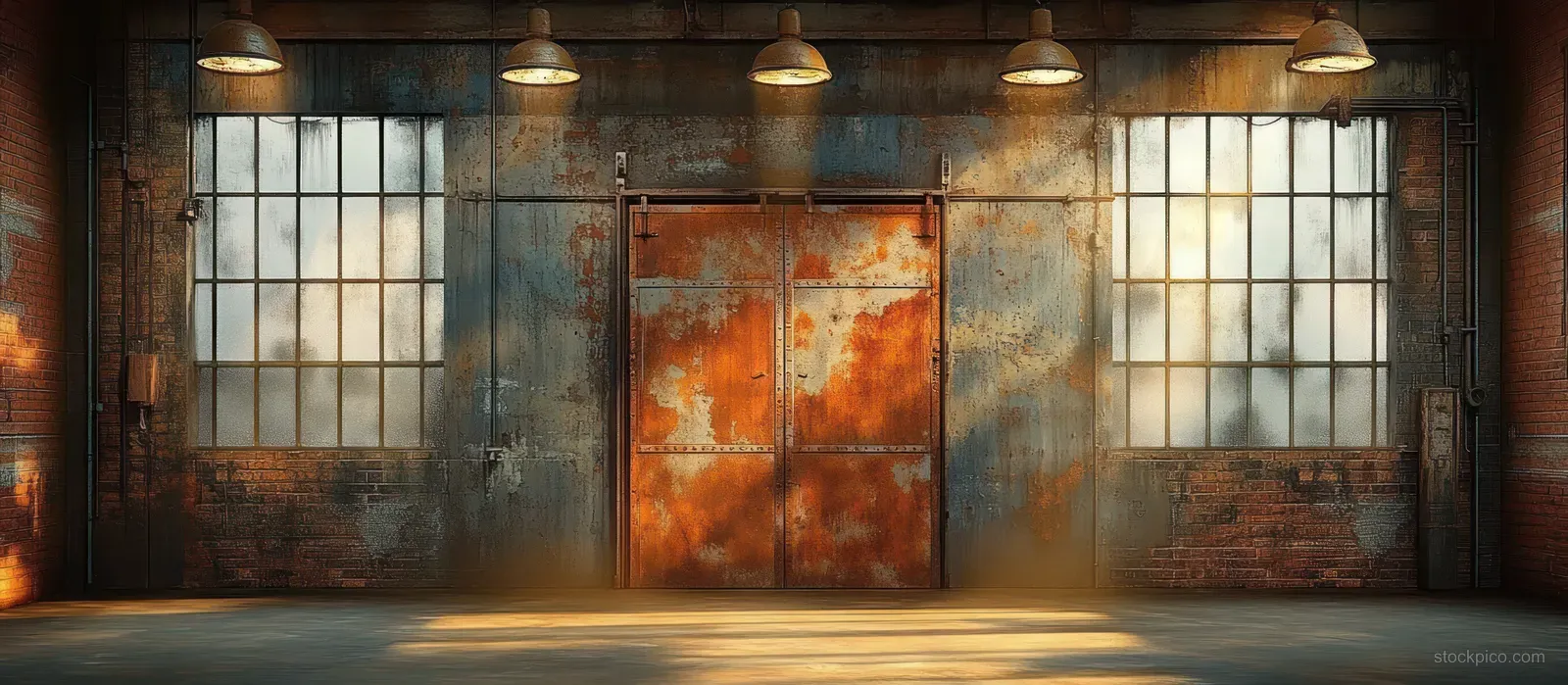 Empty industrial warehouse interior with a rusty sliding metal door, hanging lamps, and warm sunlight through grid windows.