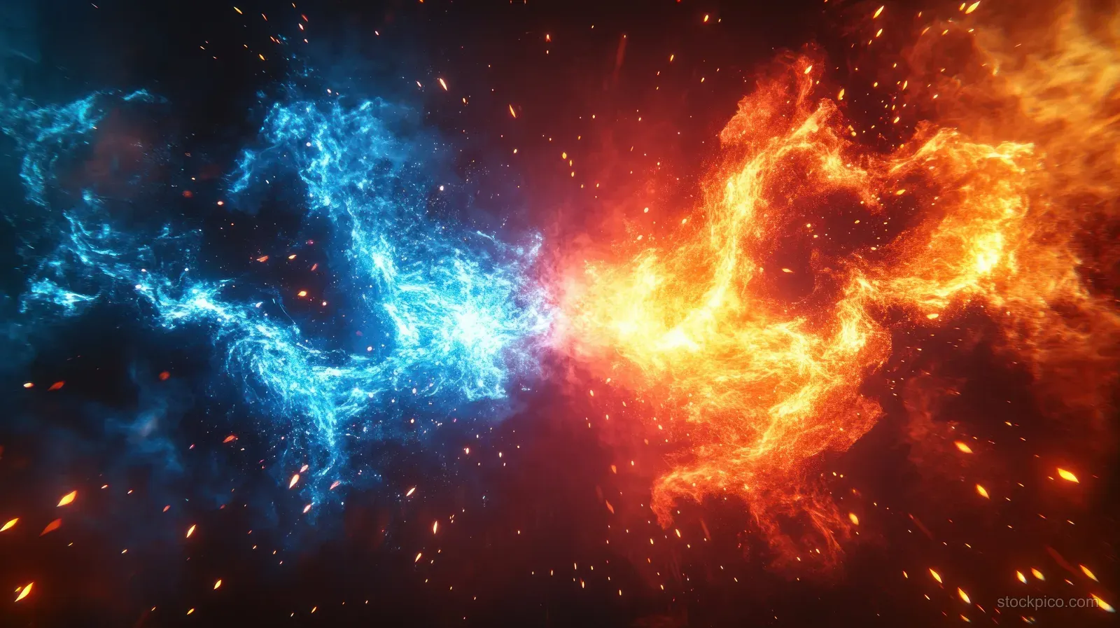 Electric blue and fiery orange cosmic energy clouds collide, forming glowing sparks across a dark background.