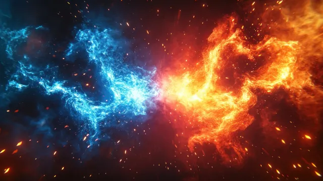 Electric blue and fiery orange nebula energy colliding with glowing sparks backdrop