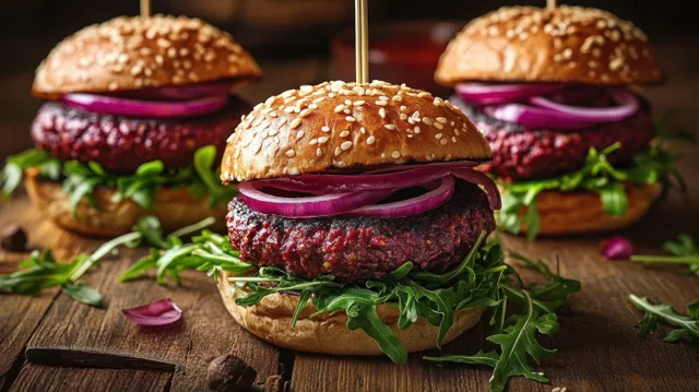 Three beetroot vegetarian burgers with sesame buns, arugula, and red onion sit on rustic wooden planks.