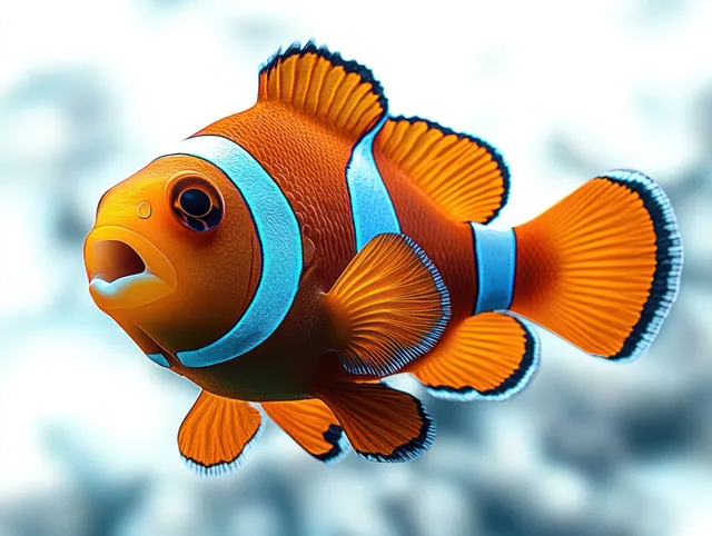 Orange clownfish with white stripes swims past coral in bright blue underwater light