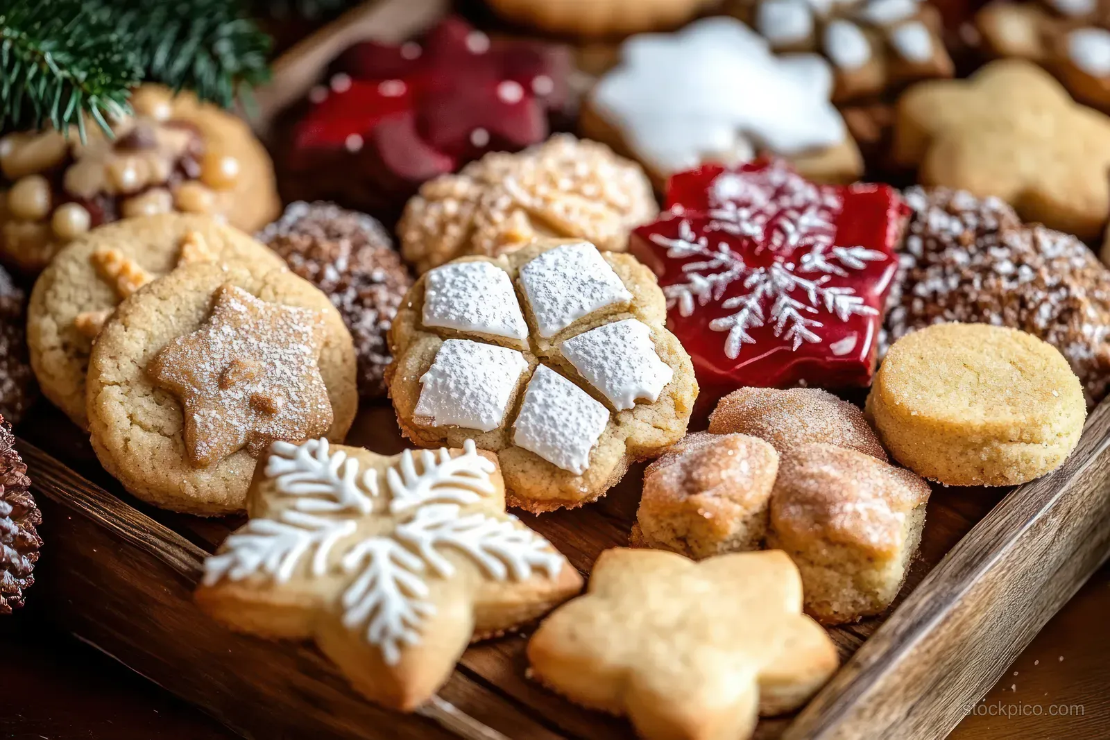 Assorted Christmas cookies with white icing snowflake and star shapes on a rustic wooden tray.