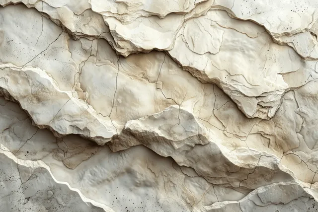 Beige cracked limestone wall with peeling plaster layers and irregular stone seams.