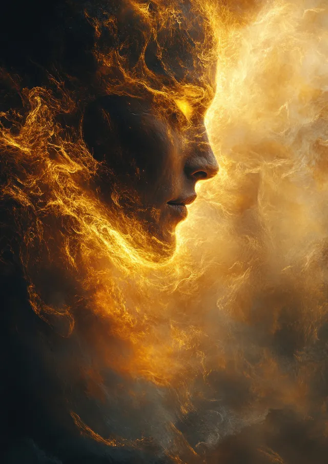 Young man dissolving into golden dust clouds within a surreal desert at dusk