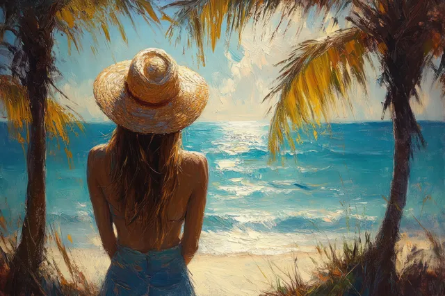 Woman in straw hat relaxing on a beach under palm trees overlooking blue ocean