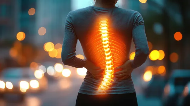 A person seen from behind holds their lower back with a glowing spine over a city street at night.