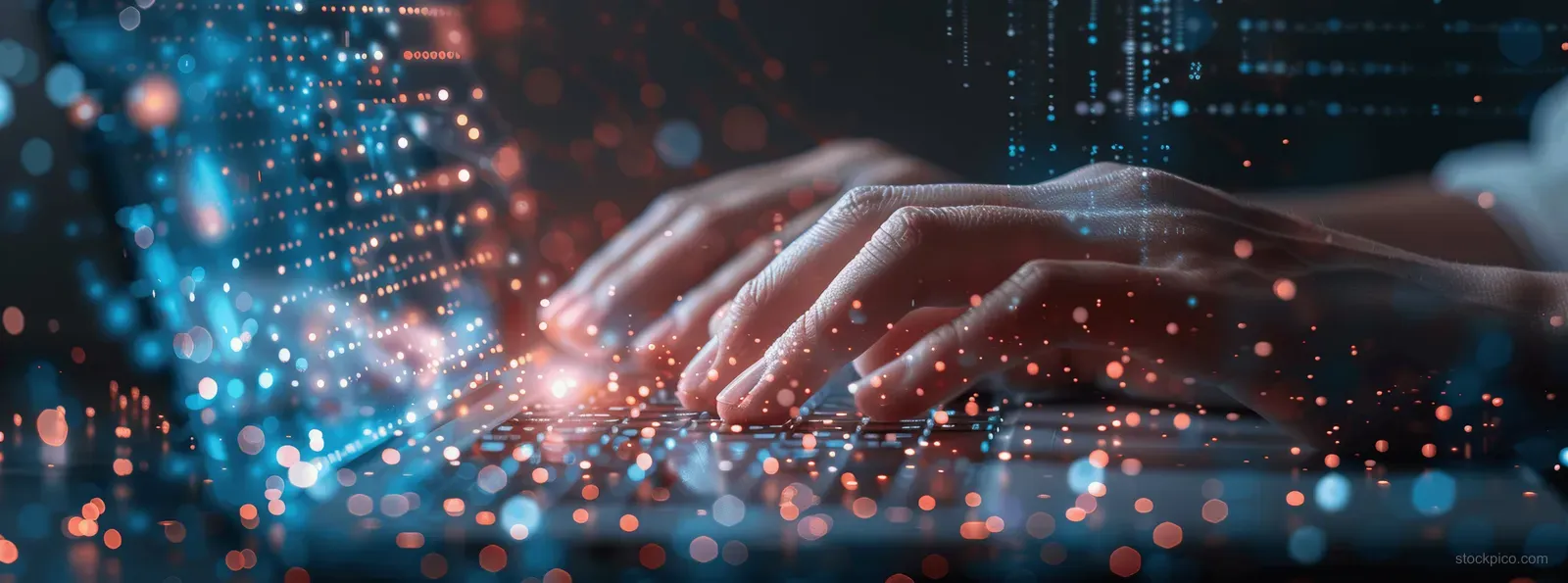 Hands typing on a laptop as glowing network data streams and digital nodes surround the screen.