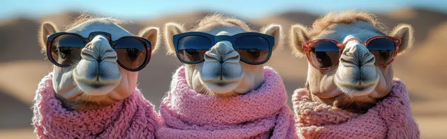 Three camels wearing sunglasses and pastel scarves pose in a sunny desert near sandy dunes.