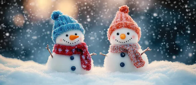 Two knitted snowmen with colorful hats stand in falling snow with glowing lights behind them.
