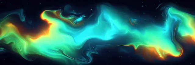 Neon blue, green, and orange ribbons swirl through a dark star field, forming a flowing cosmic nebula glow.