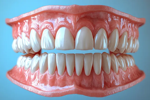 Close-up dental teeth and gum model on a blue background showing enamel texture and small tartar areas.