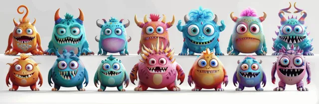 Several colorful 3D monster baby characters with big eyes stand in full body poses on a white background.