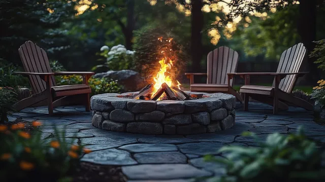 Firelight glows in a stone fire pit while four Adirondack chairs sit on a patio at dusk.