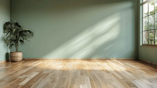 Sunlit empty room with light green wall, wood parquet floor, and a small potted plant beside a window.