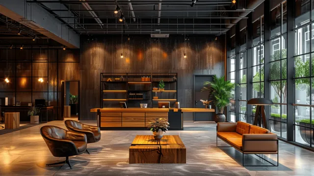 Industrial office lounge with leather sofa, wooden table, large glass windows, and warm ceiling lights.