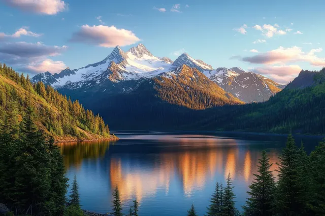 Mountain lake at golden hour mirroring snowy peaks, fir forests, and soft blue clouds