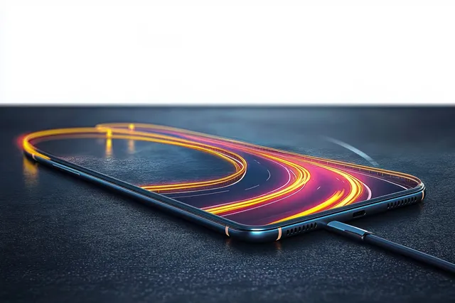 A smartphone lies on a dark surface with a glowing digital highway and light trails rising from the screen.