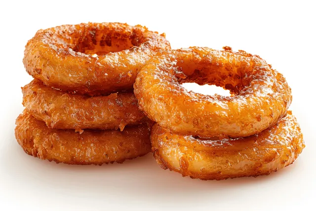 Crispy golden onion rings stacked like a tower on a white plate.