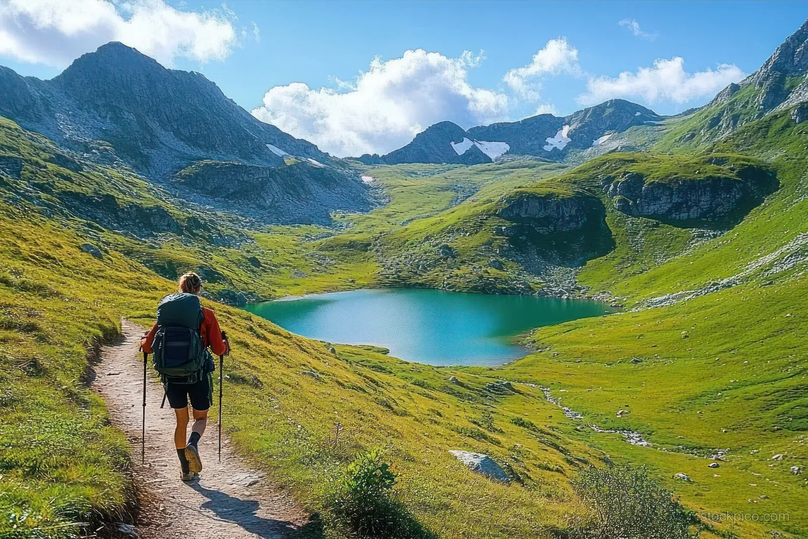 A backpacked hiker walks along a mountain trail toward a turquoise alpine lake below green hills.