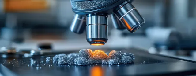 Microscope lens focuses orange light on crystalline granules on a lab bench, showing reflective texture.