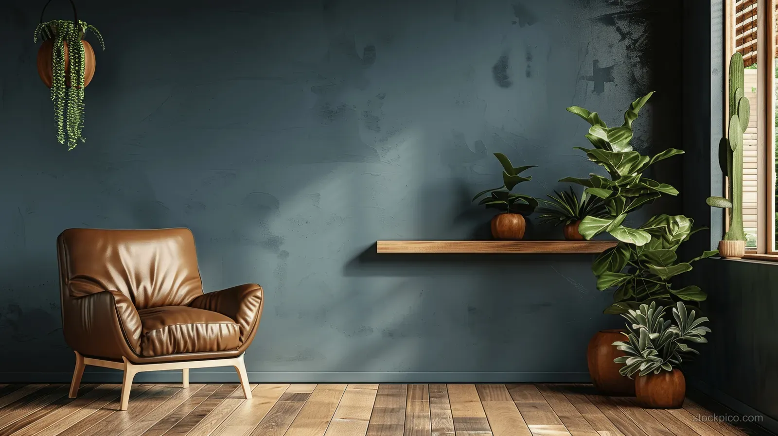 Leather armchair sits in a dark living room corner as window light illuminates potted plants on the wood floor.