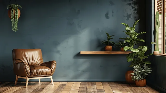Leather armchair sits in a dark living room corner as window light illuminates potted plants on the wood floor.